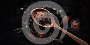 Wooden spoon and ingredients fresh herbs and spices on old black wooden table background.