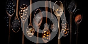 Wooden spoon and ingredients fresh herbs and spices on old black wooden table background.