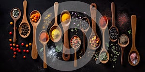 Wooden spoon and ingredients fresh herbs and spices on old black wooden table background.