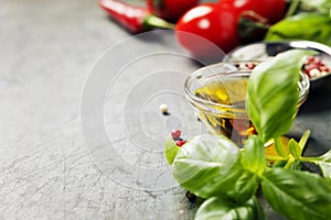 Wooden spoon and ingredients on old background