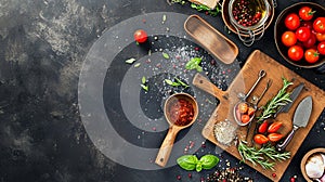 Wooden spoon and ingredients on old background. Ai Generative