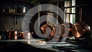 Wooden spoon and ladle on rustic table generated by AI