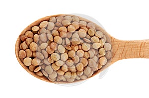 Wooden spoon with lentils isolated on white background.