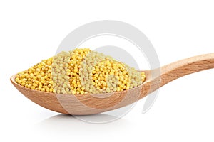 Wooden spoon with millet gruel isolated on white background.