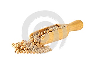 wooden spoon or scoop with soybeans isolated on white background. soybeans in a wooden spoon