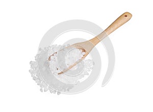 Wooden spoon with sea salt isolated on white