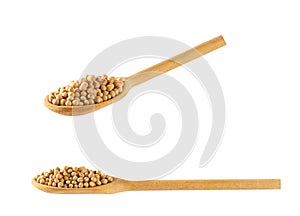 wooden spoon with soybeans isolated on white background