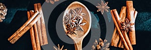 Wooden spoon with star anise, cinnamon sticks, cones, christmas spices background