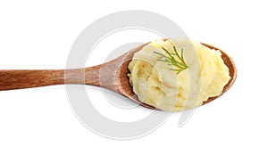 Wooden spoon of tasty mashed potatoes with dill isolated on white, top view