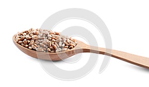 Wooden spoon with wheat grains isolated on white, closeup