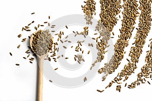 Wooden spoon with wheat grains on white background