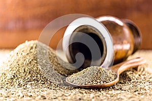 Wooden spoon with yerba mate and gourd of chimarrÃ£o