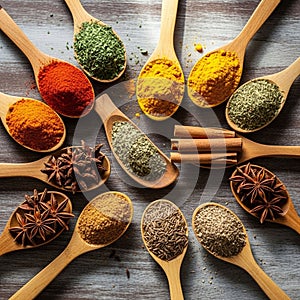 Pattern display an array of colorful spices on a rustic wooden