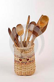 Wooden spoons in a basket