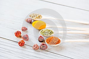 Wooden spoons with different bright spices