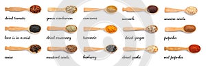 Wooden spoons with different spices and herbs