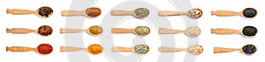 Wooden spoons with different spices and herbs