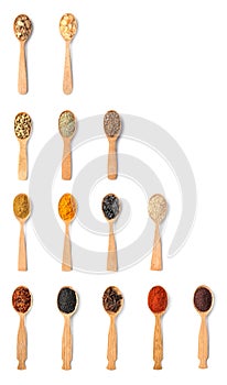 Wooden spoons with different spices and herbs on white background, top view.