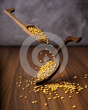 Wooden spoons filled with a variety of cotyledons and beans, including peas