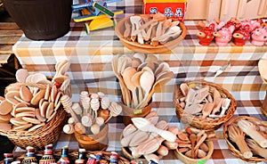 Wooden spoons and other kitchenware at Dolac, central farmers ' market located in Gornji Grad. Zagreb