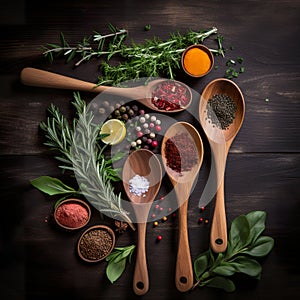 Wooden spoons with spices a mixture of peppers and spices fragrant herbs for food. Fresh herbs and spices ingredients.