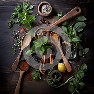 Wooden spoons with spices a mixture of peppers and spices fragrant herbs for food. Fresh herbs and spices ingredients.