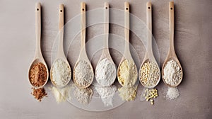 Wooden spoons of various gluten-free flours arranged in a row on a beige background