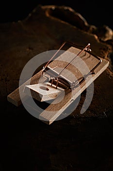 Wooden spring type mouse trap on black