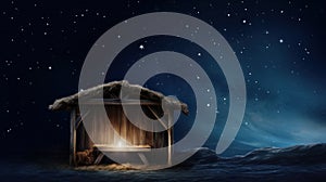 Wooden Stable at Dark Blue Starry Night, Jesus Christ Birth Concept with Copy Space
