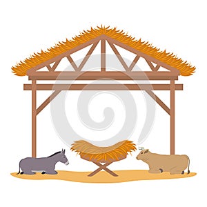 Wooden stable manger with cradle and animals