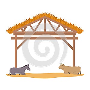 Wooden stable manger with ox and mule