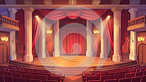 A wooden stage, red curtains, chairs, spotlights, and columns set the scene for this empty theatre scene interior. This