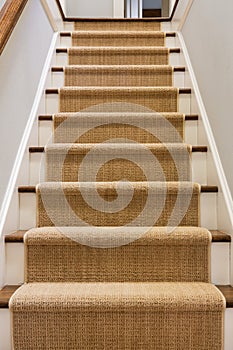 Wooden staircase with carpet runner