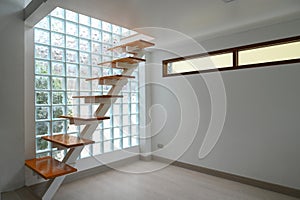 wooden staircase and glass wall, interior design