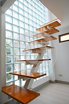 wooden staircase and glass wall, interior design