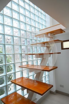 wooden staircase and glass wall, interior design