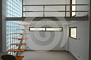 wooden staircase and glass wall, interior design