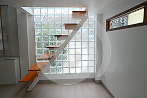 wooden staircase and glass wall, interior design