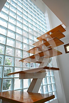 wooden staircase and glass wall, interior design