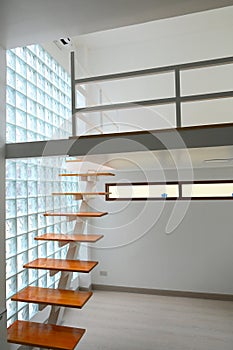 wooden staircase and glass wall, interior design