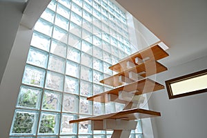 wooden staircase and glass wall, interior design