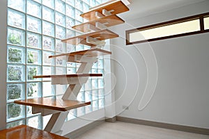 wooden staircase and glass wall, interior design