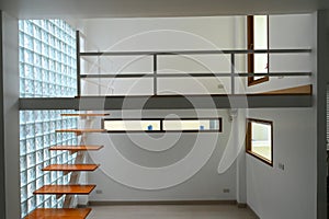 wooden staircase and glass wall, interior design