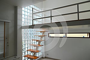 wooden staircase and glass wall, interior design