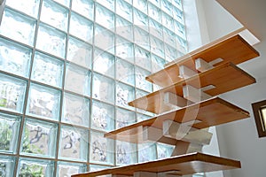 wooden staircase and glass wall, interior design