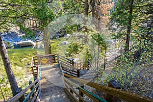 Wooden staircase going down to the shoreline of Stanislau River, Calaveras Big Trees State Park, California