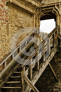 Wooden staircase of an old castle, handmade