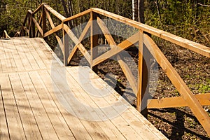 Wooden staircase in the park. stairs made from the wood in the forest