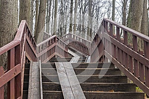 Wooden staircase with railings in the city park