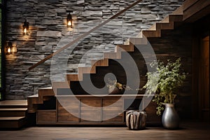 Wooden staircase and stone cladding wall in rustic hallway. AI generate